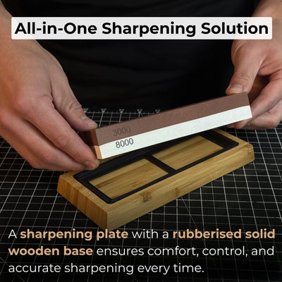 Double-sided sharpening stone with grit #3000 and #8000, shown with optional wooden stand