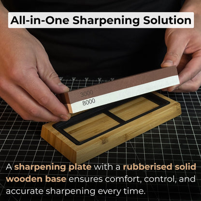Double-sided sharpening stone with grit #3000 and #8000, shown with optional wooden stand