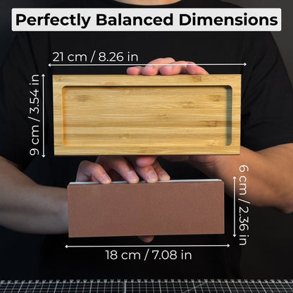 Double-sided sharpening stone with grit #3000 and #8000, shown with optional wooden stand