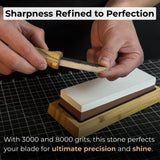 Double-sided sharpening stone with grit #3000 and #8000, shown with optional wooden stand