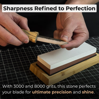 Double-sided sharpening stone with grit #3000 and #8000, shown with optional wooden stand