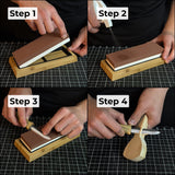 Double-sided sharpening stone with grit #3000 and #8000, shown with optional wooden stand