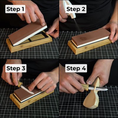 Double-sided sharpening stone with grit #3000 and #8000, shown with optional wooden stand