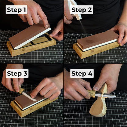 Double-sided sharpening stone with grit #3000 and #8000, shown with optional wooden stand