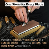 Double-sided sharpening stone with grit #3000 and #8000, shown with optional wooden stand