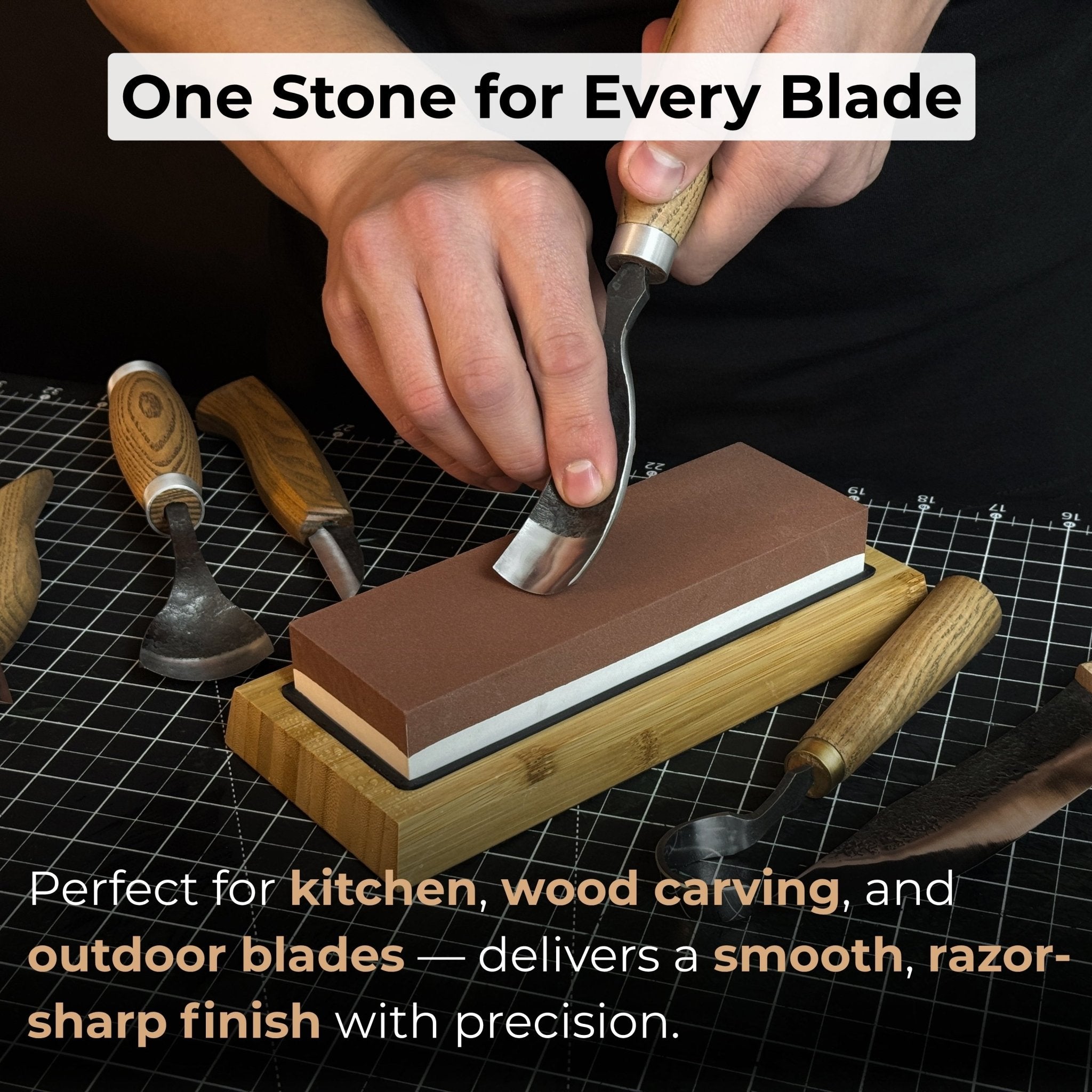 Double-sided sharpening stone with grit #3000 and #8000, shown with optional wooden stand