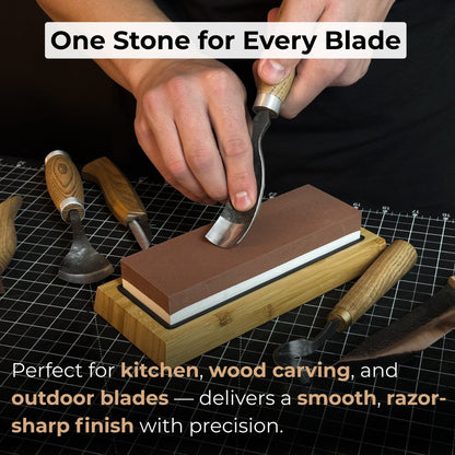 Double-sided sharpening stone with grit #3000 and #8000, shown with optional wooden stand