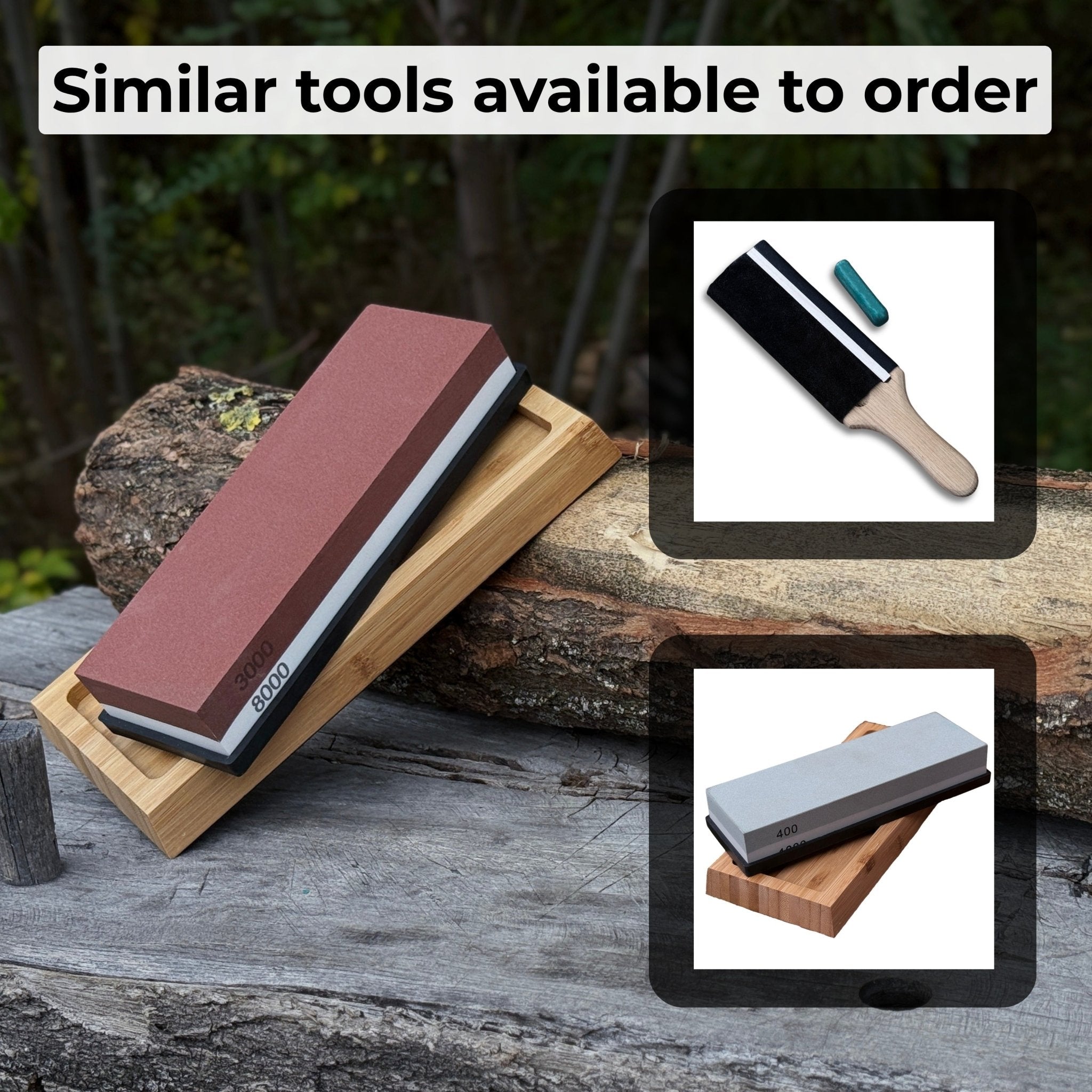 Double-sided sharpening stone with grit #3000 and #8000, shown with optional wooden stand