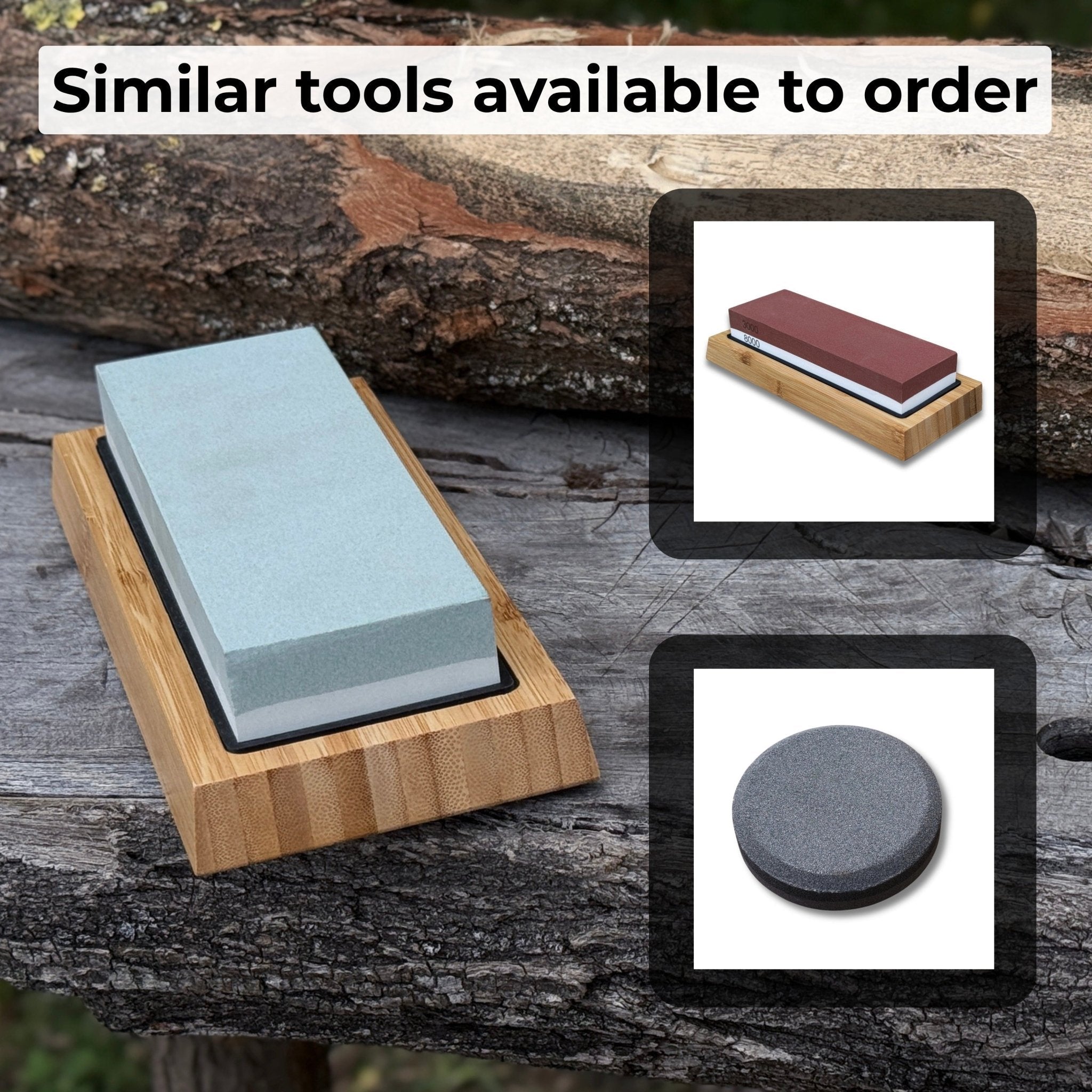 Double-sided sharpening stone with coarse #400 and medium #1000 grit, shown with optional wooden stand