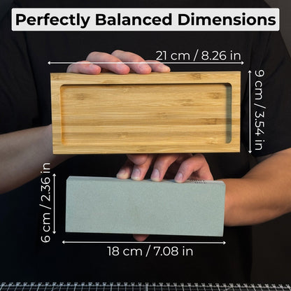Double-sided sharpening stone with coarse #400 and medium #1000 grit, shown with optional wooden stand