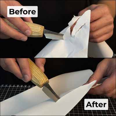 Double-sided sharpening stone with coarse #400 and medium #1000 grit, shown with optional wooden stand