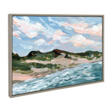 Framed canvas art depicting Michigan sand dunes by Emily Kenney, displayed in natural tones.