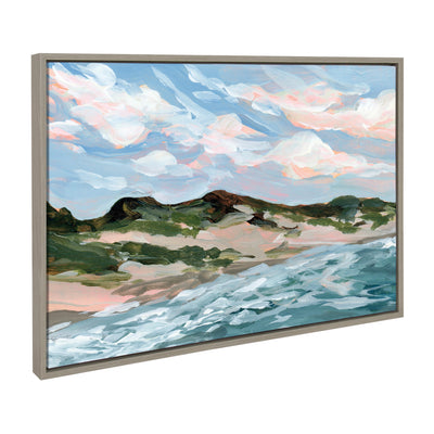 Framed canvas art depicting Michigan sand dunes by Emily Kenney, displayed in natural tones.
