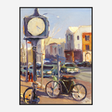 Impressionistic street scene with a large square clock on a pole, bicycles parked nearby, and sunlit buildings and cars in muted pastel colors.