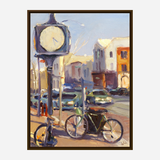 Impressionist painting of a streetclock on a pole with a bicycle leaning against it, set on a sunny sidewalk with muted buildings and cars in the background.