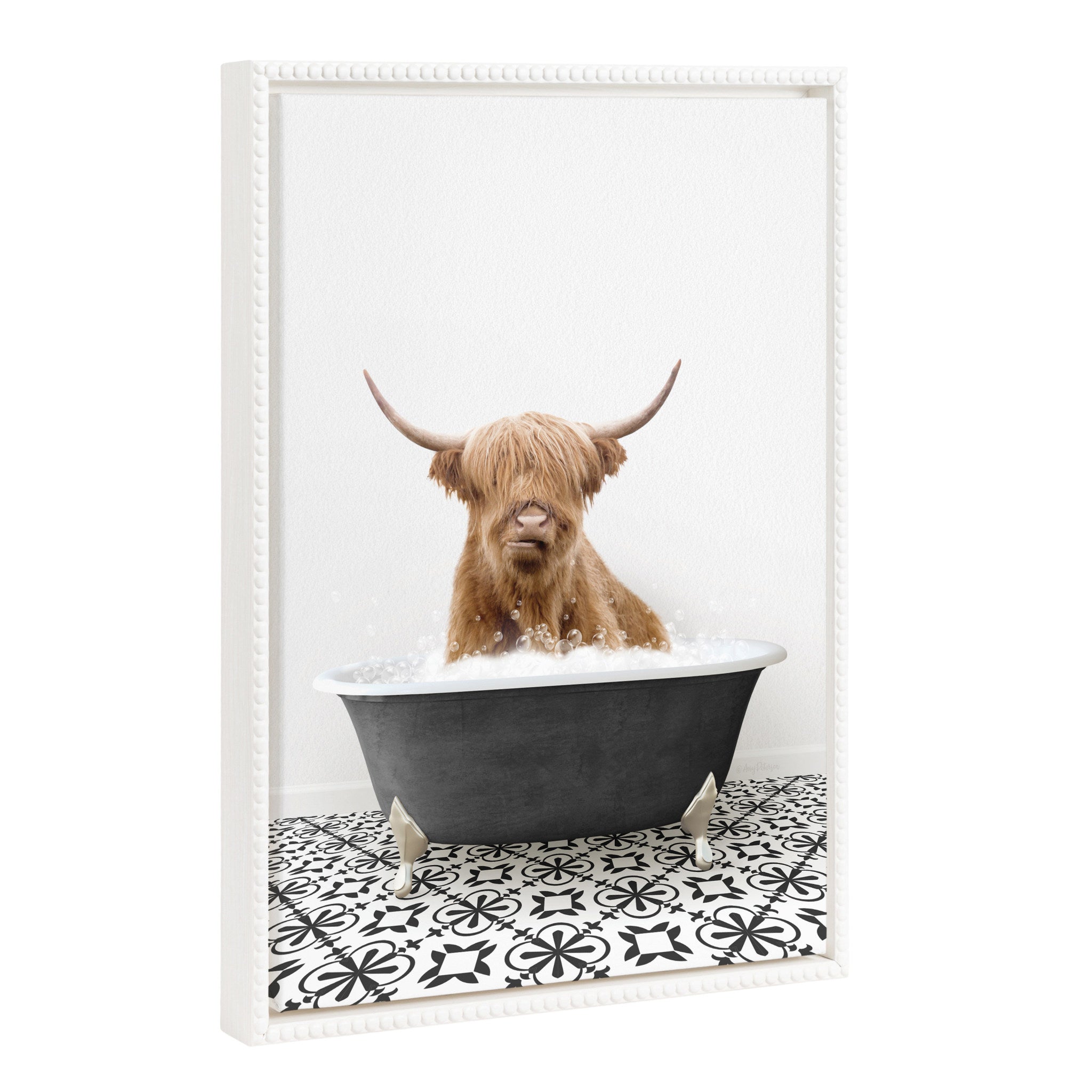 Sylvie Beaded Highland Cow in Black and White Stencil Bath framed canvas artwork by Amy Peterson, framed hanging on a wall