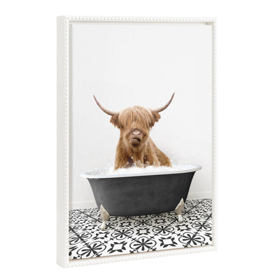 Sylvie Beaded Highland Cow in Black and White Stencil Bath framed canvas artwork by Amy Peterson, framed hanging on a wall
