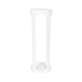 Tall, narrow white stand with a round top and open rectangular frame tapering inward, creating a sleek minimalistic silhouette.