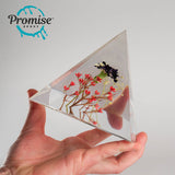 Hand holding a clear triangular prism with embedded small red and dark purple dried flowers inside transparent epoxy resin, against a plain light background.