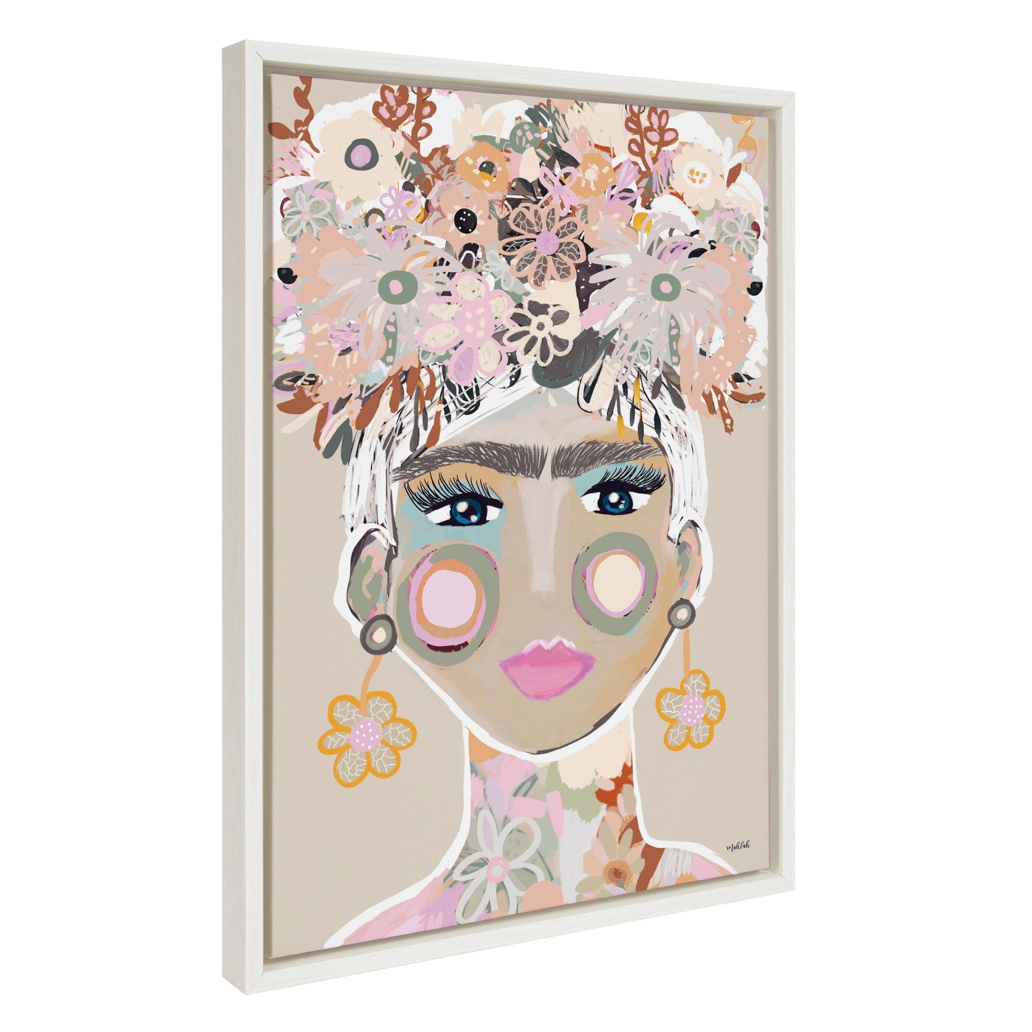 Sylvie Frida Frollae framed canvas art showing a floral-themed portrait of Frida Kahlo in a white frame