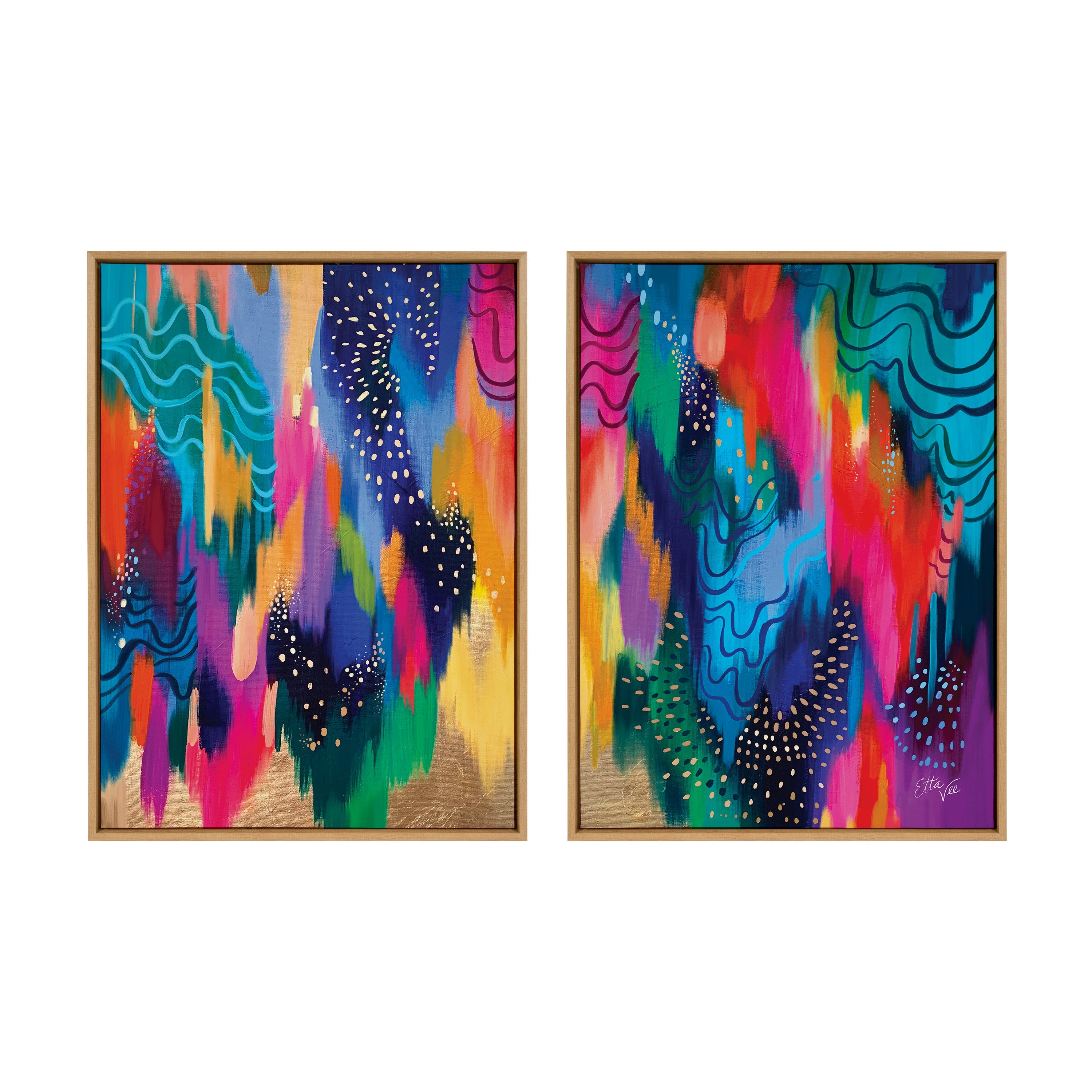 Sylvie EV Brushstroke 128 Left and Right framed canvas art set displayed side by side with bright abstract brushstrokes in blue, white, and yellow tones