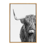 Black and white portrait of a Highland cow with shaggy fur covering its eyes and a prominent left horn curving upwards, framed in light wood.