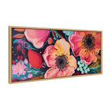Rectangular framed canvas depicting vibrant flowers in shades of pink, red, and orange with black centers and blue-green leaves against a dark background.