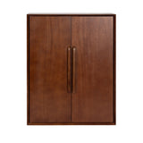 Rectangular floating bathroom cabinet with two smooth, warm brown wood doors and long vertical wooden handles in the center against a white background.