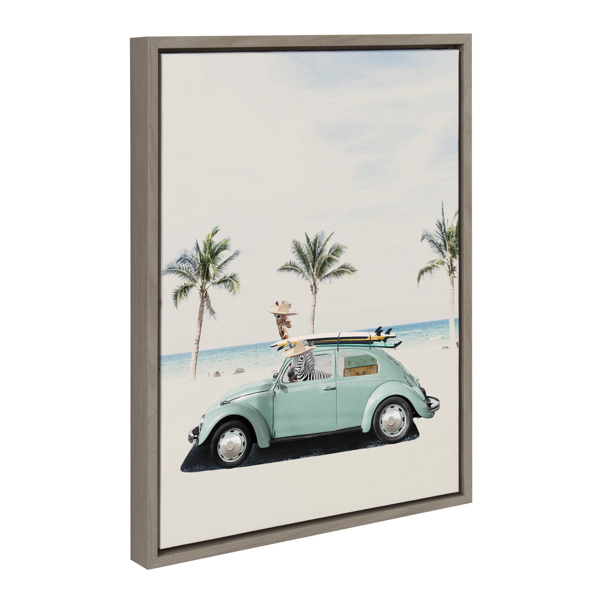 Sylvie Summer Adventures framed canvas artwork featuring colorful zoo animals at the beach