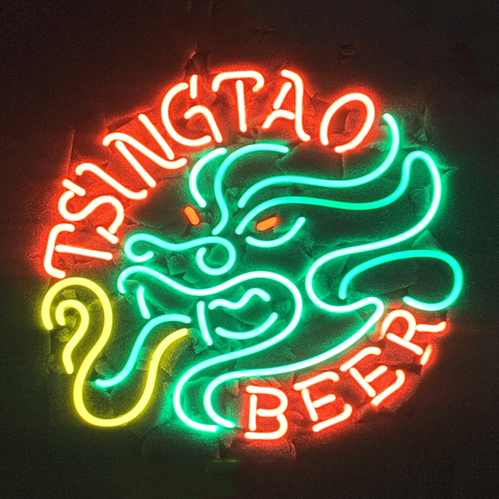 Tsingtao Beer with Dragon Neon Signs Light featuring glowing neon tubes on metal grid backing