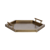 Hexagon-shaped metal tray with a brushed brass finish and two cylindrical side handles, shown at a slight angle on a white background.