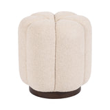 Round tufted ottoman upholstered in creamy textured fabric with vertical seams and a dark circular wooden base, shown against a white background.