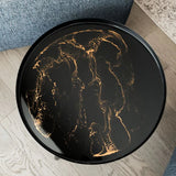 Resin Art Side Table with black metal frame and glossy resin-coated acacia wood tabletop in Northern Lights color