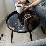Resin Art Side Table with black metal frame and glossy resin-coated acacia wood tabletop in Northern Lights color