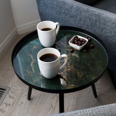 Resin Art Side Table with black metal frame and glossy resin-coated acacia wood tabletop in Northern Lights color