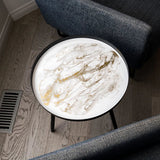 Resin Art Side Table with black metal frame and glossy resin-coated acacia wood tabletop in Northern Lights color