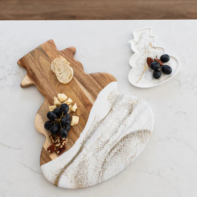 Snowman Resin Charcuterie Board with colorful resin design on acacia wood, displayed on kitchen counter