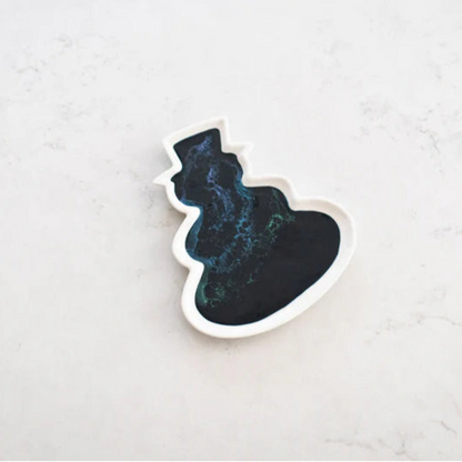 Resin Ceramic Snowman Tray with a black and blue design on a white surface