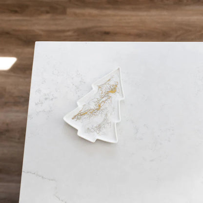 Decorative Resin Ceramic Tray of a Christmas tree on a marble surface with wooden background