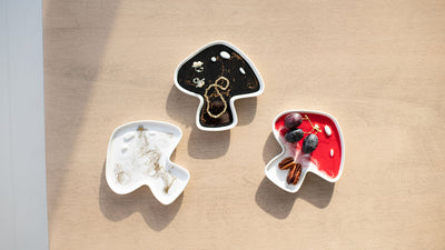 Mushroom Shaped Acacia Cheese Board and Ceramic Tray