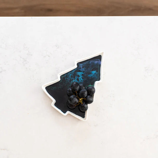 Tree-shaped ceramic tray with hand-poured resin design in Northern Lights color