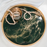 Resin Bamboo Round Tray with natural bamboo grain and resin accents, styled with appetizers and drinks