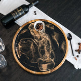 Round acacia wood lazy susan with hand-poured resin design, shown with snacks and drinks on a table