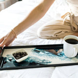 Matte black rectangular resin serving tray with hand-poured resin design