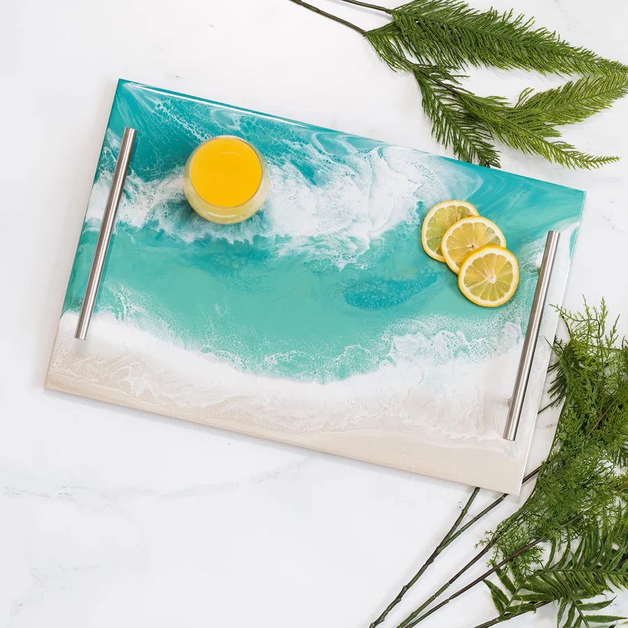 Acrylic Resin Serving Tray with ocean design featuring a lemon and macaron, surrounded by greenery.