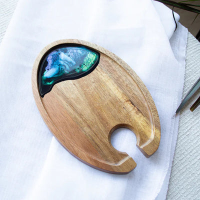 Wine & Appetizer Resin Tray with recessed wine glass spot and appetizer rim, handcrafted with acacia wood and resin