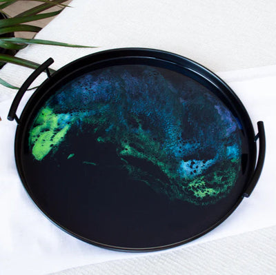 Resin Black Round Tray with matte black iron and glossy resin accents, handcrafted by Lynn & Liana Designs