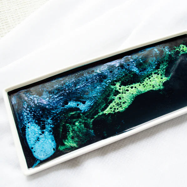 Large Ceramic Resin Tray with hand-poured resin surface in Northern Lights color