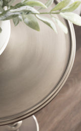 Close-up of a round, brushed polished metal tabletop edge with a subtle lip, shown with softly blurred green leaves partially overhanging from a plant above.