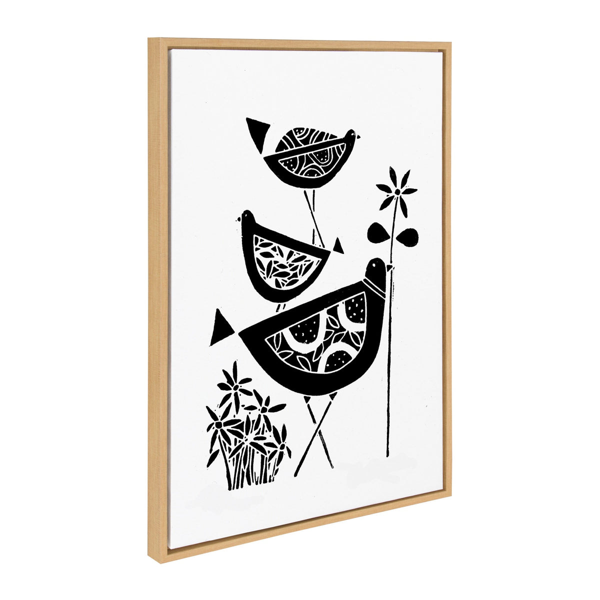 Black linocut art of three stylized birds stacked diagonally among geometric flowers on white background in a light wooden frame.